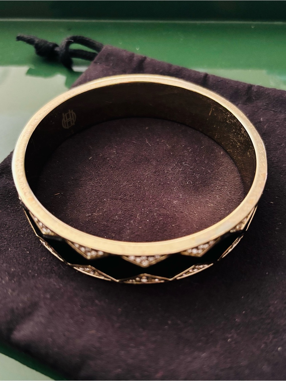 House of Harlow 1960 Gold and Black Enamel Chevron Crystal Bangle